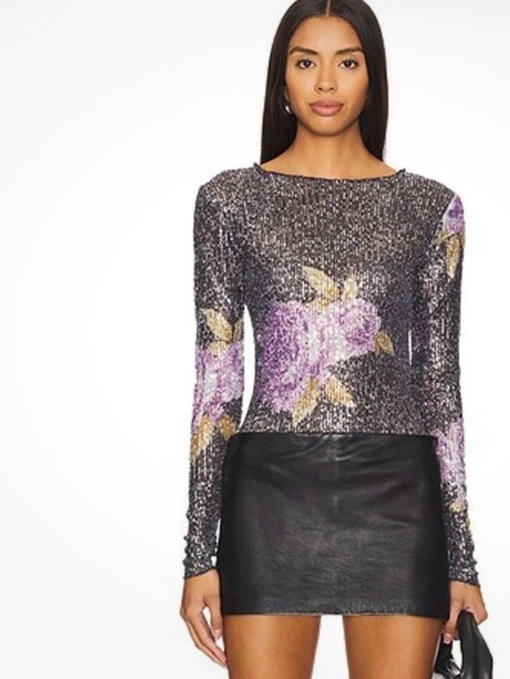 Free People Silver Sequin Floral Long-Sleeve Top with Pink & Gold Flowers